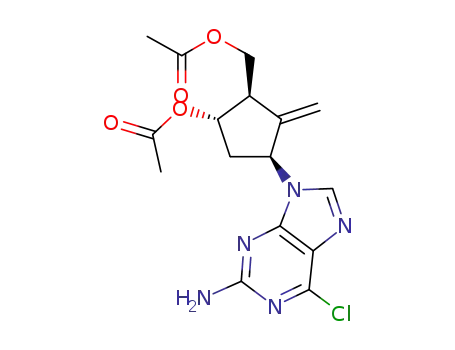 Molecular Structure of 1383812-22-3 (((1 R,3S,5S)-5-acetoxy-3-(2-amino-6-chloro-9H-purin-9-yl)-2-methylenecyclopentyl)methyl acetate)