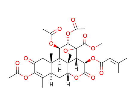 Molecular Structure of 14907-99-4 (methyl (11beta,13beta,15beta)-3,11,12-tris(acetyloxy)-15-[(3-methylbut-2-enoyl)oxy]-2,16-dioxo-13,20-epoxypicras-3-en-21-oate)