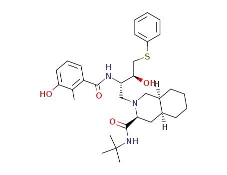 Molecular Structure of 1025935-06-1 ((3S,4aS,8aS)-2-[(2S,3S)-3-Hydroxy-2-(3-hydroxy-2-methyl-benzoylamino)-4-phenylsulfanyl-butyl]-decahydro-isoquinoline-3-carboxylic acid tert-butylamide)