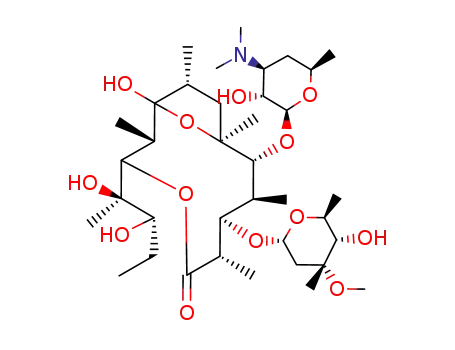 Molecular Structure of 105900-46-7 (4,13-Dioxabicyclo[8.2.1]tridecan-5-one,7-[(2,6-dideoxy-3-C-methyl-3-O-methyl-a-L-ribo-hexopyranosyl)oxy]-3-[(1R,2R)-1,2-dihydroxy-1-methylbutyl]-1-hydroxy-2,6,8,10,12-pentamethyl-9-[[3,4,6-trideoxy-3-(dimethylamino)-b-D-xylo-hexopyranosyl]oxy]-,(1S,2R,3R,6R,7S,8S,9R,10R,12R)-)