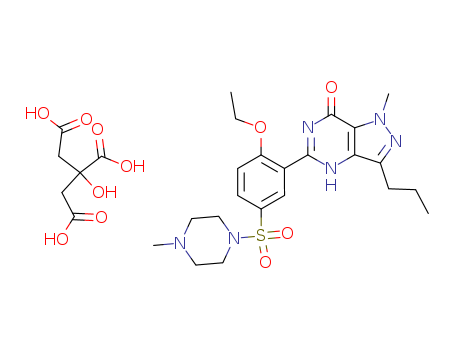 171599-83-0,Sildenafil citrate,Piperazine,1-[[3-(4,7-dihydro-1-methyl-7-oxo-3-propyl-1H-pyrazolo[4,3-d]pyrimidin-5-yl)-4-ethoxyphenyl]sulfonyl]-4-methyl-(9CI);5-[2-Ethoxy-5-(4-methyl-1-piperazinylsulfonyl)phenyl]-1-methyl-3-n-propyl-1,6-dihydro-7H-pyrazolo[4,3-d]pyrimidin-7-one;Revatio;