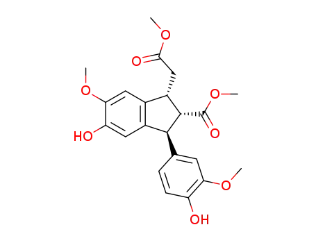 Molecular Structure of 144878-42-2 (Methyl <5-hydroxy-t-3-(4-hydroxy-3-methoxyphenyl)-6-methoxy-c-2-(methoxycarbonyl)-r-1-indanyl>acetate)