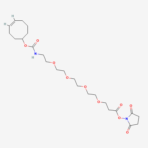 1613439-69-2,TCO-PEG4-NHS ester,1613439-69-2;TCO-PEG4-NHS ester;TCO PEG4 succinimidyl ester;1621096-79-4;TCO-PEG4-NHSester;(2,5-dioxopyrrolidin-1-yl) 3-[2-[2-[2-[2-[[(4Z)-cyclooct-4-en-1-yl]oxycarbonylamino]ethoxy]ethoxy]ethoxy]ethoxy]propanoate;trans-Cyclooctene-PEG(4)-carboxy succinimidyl ester;(2,5-dioxopyrrolidin-1-yl) 3-[2-[2-[2-[2-[[(4E)-cyclooct-4-en-1-yl]oxycarbonylamino]ethoxy]ethoxy]ethoxy]ethoxy]propanoate;2,5-Dioxopyrrolidin-1-yl 1-(cyclooct-4-en-1-yloxy)-1-oxo-5,8,11,14-tetraoxa-2-azaheptadecan-17-oate;(E)-TCO-PEG4-NHS ester;(4E)-TCO-PEG4-NHS ester;TCO-PEG(4)-NHS;SCHEMBL17041885;DTXSID901111126;MFCD28118912;AKOS040742698;BS-44580;HY-141167;CS-0114668;5,8,11,14-Tetraoxa-2-azaheptadecanedioic acid, 1-(4-cycloocten-1-yl) 17-(2,5-dioxo-1-pyrrolidinyl) ester