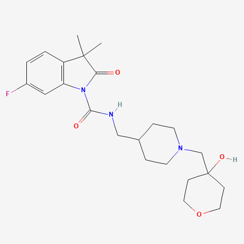 Molecular Structure of 1400811-63-3 (1H-Indole-1-carboxamide, 6-fluoro-2,3-dihydro-3,3-dimethyl-2-oxo-N-((1-((tetrahydro-4-hydroxy-2H-pyran-4-yl)methyl)-4-piperidinyl)methyl)-)