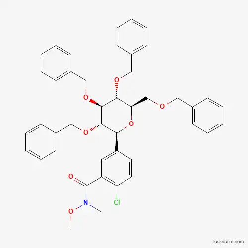 Molecular Structure of 842133-81-7 (2-chloro-N-methoxy-N-methyl-5-[(2S,3S,4R,5R,6R)-3,4,5-tris(benzyloxy)-6-[(benzyloxy)methyl]oxan-2-yl]benzamide)