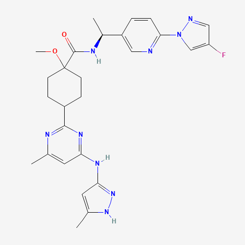 2097132-94-8,Pralsetinib,BLU-667;Cyclohexanecarboxamide, N-((1S)-1-(6-(4-fluoro-1H-pyrazol-1-yl)-3-pyridinyl)ethyl)-1-methoxy-4-(4-methyl-6-((5-methyl-1H-pyrazol-3-yl)amino)-2-pyrimidinyl)-, trans-;gavreto;pralsetinib;trans-N-((1S)-1-(6-(4-Fluoro-1H-pyrazol-1-yl)-3-pyridinyl)ethyl)-1-methoxy-4-(4-methyl-6-((5-methyl-1H-pyrazol-3-yl)amino)-2-pyrimidinyl)cyclohexanecarboxamide