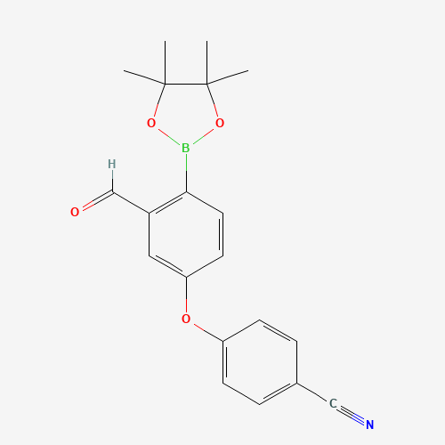 2141947-89-7,4-(3-Formyl-4-(4,4,5,5-tetramethyl-1,3,2-dioxaborolan-2-yl)phenoxy)benzonitrile,2141947-89-7;4-(3-Formyl-4-(4,4,5,5-tetramethyl-1,3,2-dioxaborolan-2-yl)phenoxy)benzonitrile;FN55MAL7FF;4-[3-formyl-4-(4,4,5,5-tetramethyl-1,3,2-dioxaborolan-2-yl)phenoxy]benzonitrile;Benzonitrile, 4-(3-formyl-4-(4,4,5,5-tetramethyl-1,3,2-dioxaborolan-2-yl)phenoxy)-;Benzonitrile, 4-[3-formyl-4-(4,4,5,5-tetramethyl-1,3,2-dioxaborolan-2-yl)phenoxy]-;UNII-FN55MAL7FF;SCHEMBL10269295