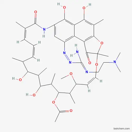 Molecular Structure of 38128-54-0 ([(9Z,19Z,21Z)-27-[[N'-[2-(dimethylamino)ethyl]carbamimidoyl]diazenyl]-2,15,17,29-tetrahydroxy-11-methoxy-3,7,12,14,16,18,22-heptamethyl-6,23-dioxo-8,30-dioxa-24-azatetracyclo[23.3.1.14,7.05,28]triaconta-1(29),2,4,9,19,21,25,27-octaen-13-yl] acetate)