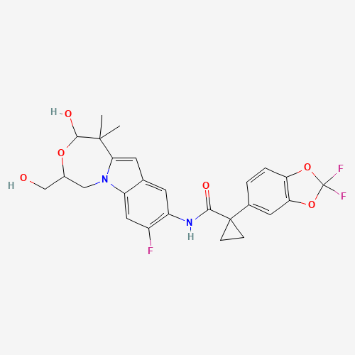 Molecular Structure of 1432657-04-9 (1-(2,2-Difluoro-1,3-benzodioxol-5-yl)-N-(8-fluoro-1,2,4,5-tetrahydro-2-hydroxy-4-(hydroxymethyl)-1,1-dimethyl(1,4)oxazepino(4,5-a)indol-9-yl)cyclopropanecarboxamide)