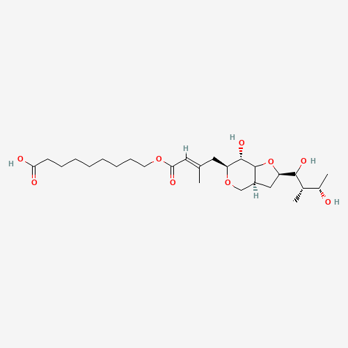71087-97-3,9-(((2E)-4-((2R,3aS,6S,7S)-2-((2S,3S)-1,3-Dihydroxy-2-methylbutyl)-7-hydroxyhexahydro-4H-furo(3,2-C)pyran-6-yl)-3-methylbut-2-enoyl)oxy)nonanoic acid,IR6520UV0B;71087-97-3;9-(((2E)-4-((2R,3aS,6S,7S)-2-((2S,3S)-1,3-Dihydroxy-2-methylbutyl)-7-hydroxyhexahydro-4H-furo(3,2-C)pyran-6-yl)-3-methylbut-2-enoyl)oxy)nonanoic acid;UNII-IR6520UV0B;Mupirocin calcium impurity D [EP];MUPIROCIN IMPURITY D [EP IMPURITY];MUPIROCIN CALCIUM IMPURITY D [EP IMPURITY];Q27280861;NONANOIC ACID, 9-((4-(2-(1,3-DIHYDROXY-2-METHYLBUTYL)HEXAHYDRO-7-HYDROXY-4H-FURO(3,2-C)PYRAN-6-YL)-3-METHYL-1-OXO-2-BUTENYL)OXY)-, (2R-(2.ALPHA.(1S*,2S*,3S*),3A.BETA.,6.ALPHA.(E),7.BETA.,7A.ALPHA.))-;Nonanoic acid, 9-((4-(2-(1,3-dihydroxy-2-methylbutyl)hexahydro-7-hydroxy-4H-furo(3,2-C)pyran-6-yl)-3-methyl-1-oxo-2-butenyl)oxy)-, (2R-(2alpha(1S*,2S*,3S*),3abeta,6alpha(E),7beta,7aalpha))-