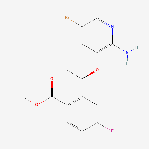 1454848-00-0,(R)-Methyl 2-(1-((2-amino-5-bromopyridin-3-yl)oxy)ethyl)-4-fluorobenzoate,1454848-00-0;(R)-Methyl 2-(1-((2-amino-5-bromopyridin-3-yl)oxy)ethyl)-4-fluorobenzoate;Benzoic acid, 2-[(1R)-1-[(2-amino-5-bromo-3-pyridinyl)oxy]ethyl]-4-fluoro-, methyl ester;methyl 2-[(1R)-1-(2-amino-5-bromopyridin-3-yl)oxyethyl]-4-fluorobenzoate;methyl 2-[(1R)-1-[(2-amino-5-bromopyridin-3-yl)oxy]ethyl]-4-fluorobenzoate;methyl 2-{(1r)-1-[(2-amino-5-bromopyridin-3-yl)oxy]ethyl}-4-fluorobenzoate;)ethyl)-4-fluorobenzoate;SCHEMBL15261743;DTXSID501123814;AMY38150;AC-33567;BS-45196;F77072;Methyl(R)-2-(1-((2-amino-5-bromopyridin-3-yl)oxy;(R)-methyl 2-(1-(2-amino-5-bromopyridin-3-yloxy)ethyl)-4-fluorobenzoate;(R)-Methyl2-(1-((2-amino-5-bromopyridin-3-yl)oxy)ethyl)-4-fluorobenzoate;methyl(R)-2-(1-((2-amino-5-bromopyridin-3-yl)oxy)ethyl)-4-fluorobenzoate;Methyl (R)-2-(1-((2-amino-5-bromopyridin-3-yl)oxy)ethyl)-4-fluorobenzoate;Methyl(R)-2-(1-((2-amino-5-bromopyridin-3-yl)oxy )ethyl)-4-fluorobenzoate