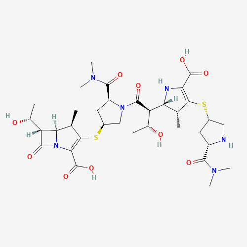 166901-45-7,(4R,5S,6S)-3-[(3S,5S)-1-[(2S,3R)-2-[(2S,3R)-5-Carboxy-4-[(3S,5S)-5-(dimethylcarbamoyl)pyrrolidin-3-yl]sulfanyl-3-methyl-2,3-dihydro-1H-pyrrol-2-yl]-3-hydroxybutanoyl]-5-(dimethylcarbamoyl)pyrrolidin-3-yl]sulfanyl-6-[(1R)-1-hydroxyethyl]-4-methyl-7-oxo-1-azabicyclo[3.2.0]hept-2-ene-2-carboxylic acid,166901-45-7;G6636F29A1;(4R,5S,6S)-3-[(3S,5S)-1-[(2S,3R)-2-[(2S,3R)-5-Carboxy-4-[(3S,5S)-5-(dimethylcarbamoyl)pyrrolidin-3-yl]sulfanyl-3-methyl-2,3-dihydro-1H-pyrrol-2-yl]-3-hydroxybutanoyl]-5-(dimethylcarbamoyl)pyrrolidin-3-yl]sulfanyl-6-[(1R)-1-hydroxyethyl]-4-methyl-7-oxo-1-azabicyclo[3.2.0]hept-2-ene-2-carboxylic acid;(4R,5S,6S)-3-(((3S,5S)-1-((2S,3R)-2-((2S,3R)-5-CARBOXY-4-(((3S,5S)-5-(DIMETHYLCARBAMOYL)PYRROLIDIN-3-YL)THIO)-3-METHYL-2,3-DIHYDRO-1H-PYRROL-2-YL)-3-HYDROXYBUTANOYL)-5-(DIMETHYLCARBAMOYL)PYRROLIDIN-3-YL)THIO)-6-((R)-1-HYDROXYETHYL)-4-METHYL-7-OXO-1-AZABICYCLO(3.2.0)HEPT-2-ENE-2-CARBOXYLIC ACID;(4R,5S,6S)-3-(((3S,5S)-1-((2S,3R)-2-((2S,3R)-5-Carboxy-4-(((3S,5S)-5-(dimethylcarbamoyl)pyrrolidin-3-yl)thio)-3-methyl-2,3-dihydro-1H-pyrrol-2-yl)-3-hydroxybutanoyl)-5-(dimethylcarbamoyl)pyrrolidin-3-yl)thio)-6-((R)-1-hydroxyethyl)-4-methyl-7-oxo-1-azabicyclo[3.2.0]hept-2-ene-2-carboxylic acid;MEROPENEM DIMER;SCHEMBL15276205;UNII-G6636F29A1;MEROPENEM TRIHYDRATE IMPURITY B [EP IMPURITY];(4R,5S,6S)-3-(((3S,5S)-1-((2S,3R)-2-((2S,3R)-5-Carboxy-4-(((3S,5S)-5-((dimethylamino)carbonyl)pyrrolidin-3-yl)sulfanyl)-3-methyl-2,3-dihydro-1H-pyrrol-2-yl)-3-hydroxybutanoyl)-5-((dimethylamino)carbonyl)pyrrolidin-3-yl)sulfanyl)-6-((1R)-1-hydroxyethyl)-4;(4R,5S,6S)-3-(((3S,5S)-1-((2S,3R)-2-((2S,3R)-5-CARBOXY-4-(((3S,5S)-5-((DIMETHYLAMINO)CARBONYL)PYRROLIDIN-3-YL)SULFANYL)-3-METHYL-2,3-DIHYDRO-1H-PYRROL-2-YL)-3-HYDROXYBUTANOYL)-5-((DIMETHYLAMINO)CARBONYL)PYRROLIDIN-3-YL)SULFANYL)-6-((1R)-1-HYDROXYETHYL)-4-METHYL-7-OXO-1-AZABICYCLO(3.2.0)HEPT-2-ENE-2-CARBOXYLIC ACID;(4R,5S,6S)-3-(((3S,5S)-1-((2S,3R)-2-((2S,3R)-5-Carboxy-4-(((3S,5S)-5-(dimethylcarbamoyl)pyrrolidin-3-yl)thio)-3-methyl-2,3-dihydro-1H-pyrrol-2-yl)-3-hydroxybutanoyl)-5-(dimethylcarbamoyl)pyrrolidin-3-yl)thio)-6-((R)-1-hydroxyethyl)-4-methyl-7-oxo-1-azabicyclo[3.2.0]hept-2-ene-2-carboxylicacid;1-AZABICYCLO(3.2.0)HEPT-2-ENE-2-CARBOXYLIC ACID, 3-((1-(2-(5-CARBOXY-4-((5-((DIMETHYLAMINO)CARBONYL)-3-PYRROLIDINYL)THIO)-2,3-DIHYDRO-3-METHYL-1H-PYRROL-2-YL)-3-HYDROXY-1-OXOBUTYL)-5-((DIMETHYLAMINO)CARBONYL)-3-PYRROLIDINYL)THIO)-6-(1-HYDROXYETHYL)-4-METHYL-7-OXO-, (4R-(3(1(2S*(2S*,3R*,4(3S*,5S*)),3R*),3S*,5S*),4.ALPHA.,5.BETA.,6.BETA.(R*)))-