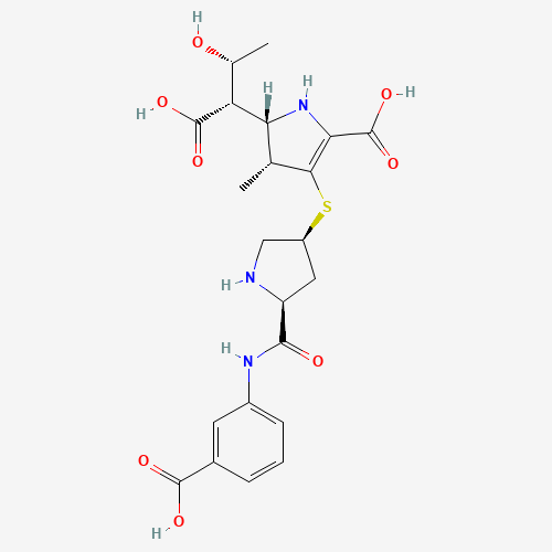 357154-27-9,Ertapenem Ring Open Impurity,Ertapenem Ring Open Impurity;Ertapenem metabolite M2;357154-27-9;YP440V6LGX;hydrolysed ertapenem;UNII-YP440V6LGX;Ertapenem, (beta-lactam ring-opened)-;L-774183;(2S,3R)-2-[(1S,2R)-1-carboxy-2-hydroxypropyl]-4-[(3S,5S)-5-[(3-carboxyphenyl)carbamoyl]pyrrolidin-3-yl]sulfanyl-3-methyl-2,3-dihydro-1H-pyrrole-5-carboxylic acid;1H-Pyrrole-2-acetic acid, 5-carboxy-4-(((3S,5S)-5-(((3-carboxyphenyl)amino)carbonyl)-3-pyrrolidinyl)thio)-2,3-dihydro-alpha-((1R)-1-hydroxyethyl)-3-methyl-, (alphaS,2S,3R)-;1H-PYRROLE-2-ACETIC ACID, 5-CARBOXY-4-(((3S,5S)-5-(((3-CARBOXYPHENYL)AMINO)CARBONYL)-3-PYRROLIDINYL)THIO)-2,3-DIHYDRO-.ALPHA.-((1R)-1-HYDROXYETHYL)-3-METHYL-, (.ALPHA.S,2S,3R)-