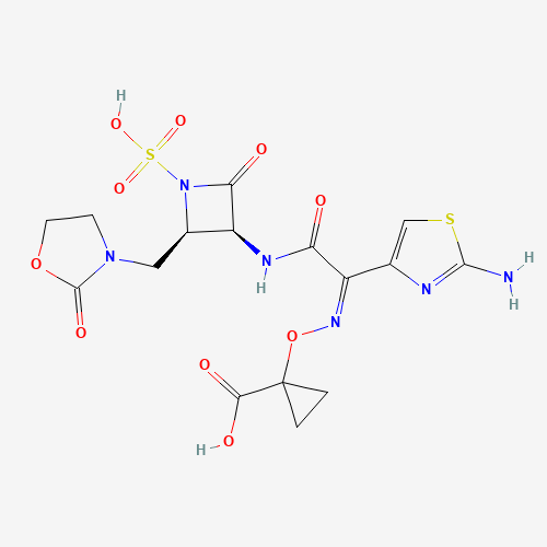 Molecular Structure of 1810051-96-7 (Cyclopropanecarboxylic acid, 1-(((Z)-(1-(2-amino-4-thiazolyl)-2-oxo-2-(((3S,4R)-2-oxo-4-((2-oxo-3-oxazolidinyl)methyl)-1-sulfo-3-azetidinyl)amino)ethylidene)amino)oxy)-)