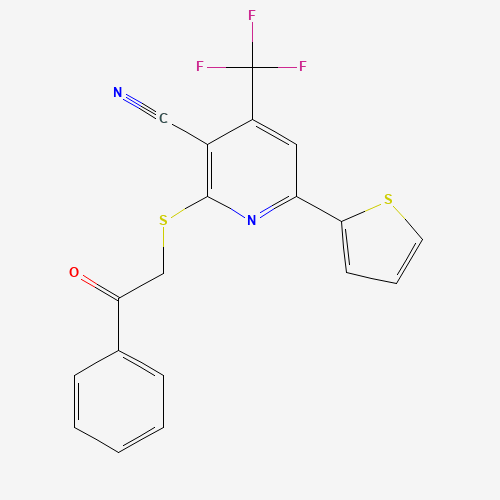 Molecular Structure of 299198-21-3 (2-[(2-Oxo-2-phenylethyl)sulfanyl]-6-(thiophen-2-yl)-4-(trifluoromethyl)pyridine-3-carbonitrile)