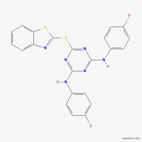 Molecular Structure of 371128-43-7 (6-(1,3-benzothiazol-2-ylsulfanyl)-N,N'-bis(4-fluorophenyl)-1,3,5-triazine-2,4-diamine)