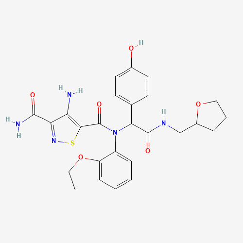 Molecular Structure of 1031791-06-6 (4-Amino-N5-(2-ethoxyphenyl)-N5-[1-(4-hydroxyphenyl)-2-oxo-2-[[(tetrahydro-2-furanyl)methyl]amino]ethyl]-3,5-isothiazoledicarboxamide)