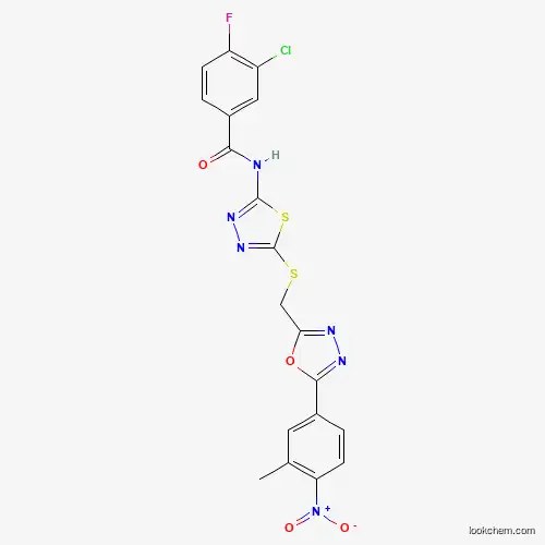 Molecular Structure of 298188-10-0 (3-chloro-4-fluoro-N-(5-((5-(3-methyl-4-nitrophenyl)-1,3,4-oxadiazol-2-yl)methylthio)-1,3,4-thiadiazol-2-yl)benzamide)