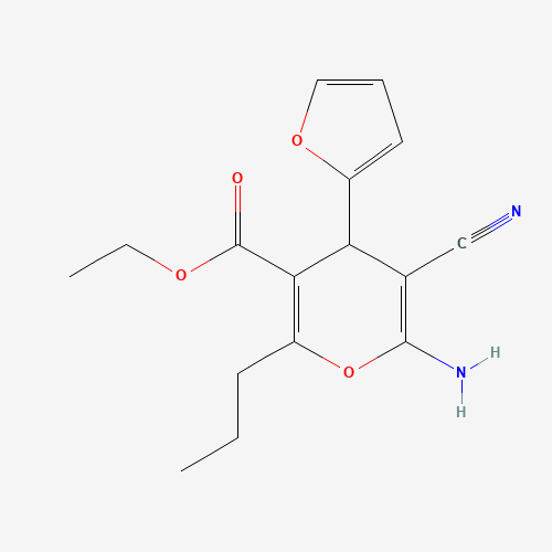 Molecular Structure of 799772-34-2 (ethyl 6-amino-5-cyano-4-(furan-2-yl)-2-propyl-4H-pyran-3-carboxylate)