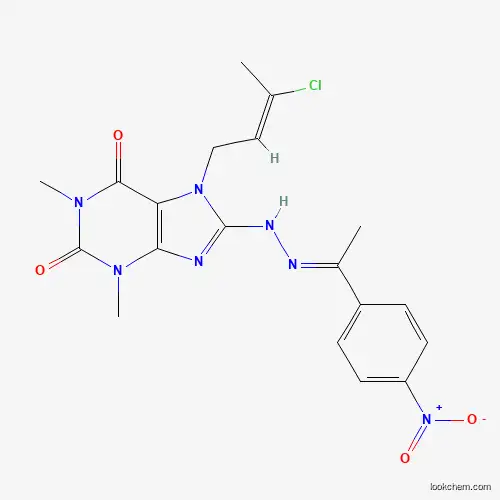 Molecular Structure of 478253-45-1 (7-[(2E)-3-Chloro-2-butenyl]-1,3-dimethyl-8-{(2E)-2-[1-(4-nitrophenyl)ethylidene]hydrazino}-3,7-dihydro-1H-purine-2,6-dione)