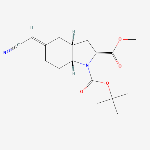 Molecular Structure of 143268-10-4 (rel-1-(1,1-Dimethylethyl) 2-methyl (2R,3aS,5E,7aS)-5-(cyanomethylene)octahydro-1H-indole-1,2-dicarboxylate)