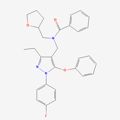 Molecular Structure of 1185103-70-1 (N~1~-{[3-ethyl-1-(4-fluorophenyl)-5-phenoxy-1H-pyrazol-4-yl]methyl}-N~1~-(tetrahydro-2-furanylmethyl)benzamide)