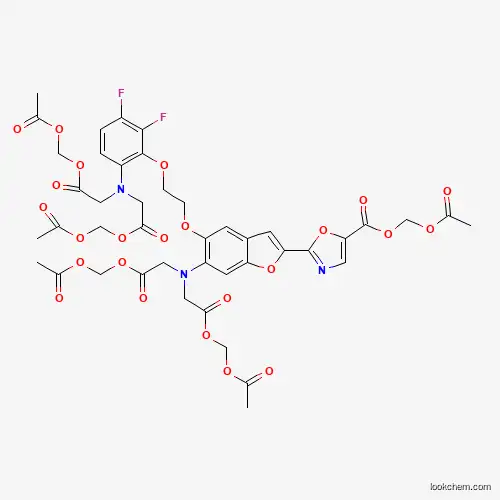 Molecular Structure of 348079-12-9 (Acetyloxymethyl 2-[6-[bis[2-(acetyloxymethoxy)-2-oxoethyl]amino]-5-[2-[6-[bis[2-(acetyloxymethoxy)-2-oxoethyl]amino]-2,3-difluorophenoxy]ethoxy]-1-benzofuran-2-yl]-1,3-oxazole-5-carboxylate)