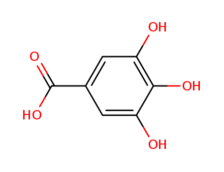 149-91-7,Gallic acid,Kyselina gallova [Czech];Gallate;Pyrogallol-5-carboxylic acid;Benzoic acid, 3,4,5-trihydroxy-;3,4,5-Trihydroxybenzoic acid;Kyselina 3,4,5-trihydroxybenzoova [Czech];3,4,5-Trihydroxybenzoate;Gallic acid, tech.;Benzoic acid,3,4,5-trihydroxy-;