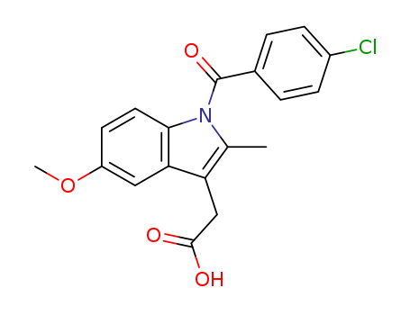53-86-1,Indometacin,Indole-3-aceticacid, 1-(p-chlorobenzoyl)-5-methoxy-2-methyl- (8CI);1-(4-Chlorobenzoyl)-2-methyl-5-methoxyindole-3-acetic acid;1-(p-Chlorobenzoyl)-5-methoxy-2-methylindole-3-acetic acid;Amuno;Chrono-Indocid 75;Confortid;Dolovin;Elmetacin;Flam;Indo-Rectolmin;Indo-Tablinen;IndoRich;Indocid;Indocid(pharmaceutical);Indomecol;Indomee;Indomethine;Indomod;Indoptic;Indoptol;Infrocin;Innamit;Mezolin;Mikametan;Mobilan;NSC 77541;Tannex;Vonum;a-[1-(p-Chlorobenzoyl)-2-methyl-5-methoxy-3-indolyl]aceticacid;