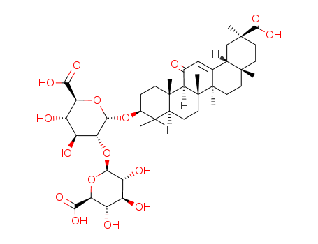1405-86-3,Glycyrrhizic acid,6-[(11-carboxy-4,4,6a,6b,8a,11,14b-heptamethyl-14-oxo-2,3,4a,5,6,7,8,9,10,12,12a,14a-dodecahydro-1H-picen-3-yl)oxy]-5-(6-carboxy-3,4,5-trihydroxy-oxan-2-yl)oxy-3,4-dihydroxy-oxane-2-carboxylic acid;See R-D-Glucopyranosiduronic acid,(3a,20a)-20-carboxy-11-oxo-30- norolean-12-en-3-yl 2-O-a-D-glucopyranuronosyl-;Glycyrrhizinic acid;Glycyrrhizinate;Rizinsan K2 A2 (free acid);Glycyrrizin;Glycyrrhizin (JAN);Glycrrhizin;Glycyron (TN);Glycyrrhetinic acid glycoside;Liquorice;