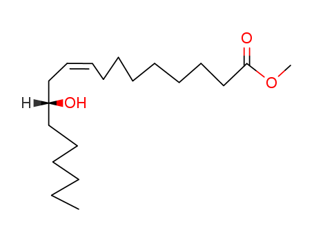 141-24-2,METHYL RICINOLEATE,9-Octadecenoicacid, 12-hydroxy-, methyl ester, [R-(Z)]-;Ricinoleic acid, methyl ester(6CI,8CI);Edenor Me-Ri 90;Flexricin P 1;K-PON 180;K-PON 180HP;Methyl12-D-hydroxy-9-cis-octadecenoate;Methyl ricinate;Methyl ricinoleate;NSC1254;Ricinic acid methyl ester;cis-Ricinoleic acid methyl ester;