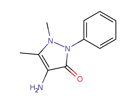 83-07-8,4-Aminoantipyrine,Antipyrine,4-amino- (8CI);1,2-Dihydro-1,5-dimethyl-2-phenyl-4-amino-3H-pyrazol-3-one;4-AAP;4-Amino-1,5-dimethyl-2-phenyl-1,2-dihydro-3H-pyrazol-3-one;4-Amino-1,5-dimethyl-2-phenylpyrazolin-3-one;4-Amino-2,3-dimethyl-1-phenyl-5-pyrazolone;Aminoantipyrine;Ampyrone;NSC 60242;1-Phenyl-2,3-dimethyl-4-aminopyrazol-5-one;