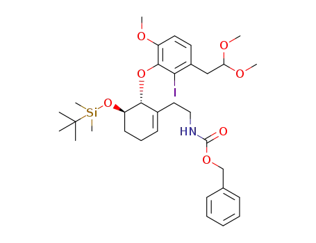 benzyl 2-((5R,6R)-5-(tert-butyldimethylsilyloxy)-6-(3-(2,2-dimethoxyethyl)-2-iodo-6-methoxyphenoxy)cyclohex-1-enyl)ethylcarbamate