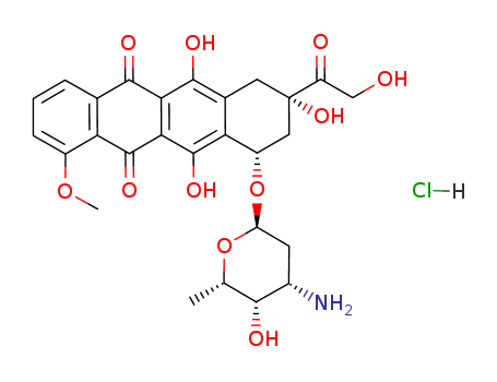 25316-40-9,Doxorubicin hydrochloride,5,12-Naphthacenedione,10-[(3-amino-2,3,6-trideoxy-a-L-lyxo-hexopyranosyl)oxy]-7,8,9,10-tetrahydro-6,8,11-trihydroxy-8-(hydroxyacetyl)-1-methoxy-,hydrochloride, (8S,10S)- (9CI);5,12-Naphthacenedione, 10-[(3-amino-2,3,6-trideoxy-a-L-lyxo-hexopyranosyl)oxy]-7,8,9,10-tetrahydro-6,8,11-trihydroxy-8-(hydroxyacetyl)-1-methoxy-,hydrochloride, (8S-cis)-;Adriamycin, hydrochloride (8CI);ADM hydrochloride;ADR;Adriablastina CS;Adriacin;Adriamycin;Adriblastin;Adriblastina;Adriblastina RD;DOX HCl;FI 106;FI 6804;Lipo-Dox;