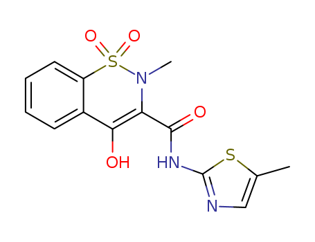 71125-38-7,Meloxicam,Mobic;Meloxicam [USAN:BAN:INN];Meloxicam (JAN/USAN);(8E)-8-[hydroxy-[(5-methyl-1,3-thiazol-2-yl)amino]methylidene]-9-methyl-10,10-dioxo-10$l^{6}-thia-9-azabicyclo[4.4.0]deca-1,3,5-trien-7-one;4-Hydroxy-2-methyl-N-(5-methyl-2-thiazolyl)-2H-1,2-benzothiazine-3-carboxamide 1,1-dioxide;133687-22-6;Mobec;Mobic (TN);2H-1,2-Benzothiazine-3-carboxamide, 4-hydroxy-2-methyl-N-(5-methylthiazolyl)-, 1,1-dioxide;UH-AC 62XX;Meloxicam BP2000;Meloxican;