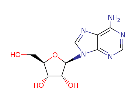 58-61-7,Adenosine,Adenosine(AR);Adenocor;9-beta-D-Ribofuranosyl-9H-purin-6-amine;(3R,4R,5R)-2-(6-aminopurin-9-yl)-5-(hydroxymethyl)oxolane-3,4-diol;9H-Purin-6-amine, 9beta-D-ribofuranosyl-;Sandesin;Usaf cb-10;Myocol;.beta.-Adenosine;Adenosin [German];Boniton;Adenoside;9-β-D-Ribofuranosyladenine;.beta.-D-Ribofuranoside, adenine-9;.beta.-D-Adenosine;Adenocard;46969-16-8;beta-Adenosine;Adrekar;SR 96225;adenine-D-ribose;Adenosine [USAN:BAN];9.beta.-D-Ribofuranosyladenine;6-Amino-9.beta.-D-ribofuranosyl-9H-purine;adenine-9;Riboadenosine;D-Adenosine;Nucleocardyl;beta-D-Ribofuranose, 1-(6-amino-9H-purin-9-yl)-1-deoxy-;46946-45-6;Adenine nucleoside;(2R,3R,4R,5R)-2-(6-aminopurin-9-yl)-5-(hydroxymethyl)oxolane-3,4-diol;6-Amino-9-.beta.-ribofuranosyl-9H-purine;4-Aminopyrazolo[3,4-d]pyrimidine ribonucleoside;9-beta-D-Ribofuranosyladenine;Adenosine (8CI,9CI);Adenine riboside;
