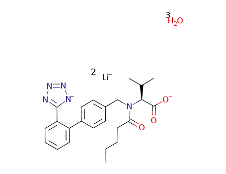 3-methyl-(2S)-{pentanoyl-[2'-(1H-tetrazole-5-yl)-biphenyl-4-ylmethyl]-amino}-butyric acid dilithium salt trihydrate