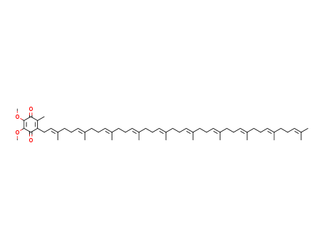 303-98-0,Ubidecarenone,Terekol;Heartcin;Udekinon  Emitolon;Ensorb;Ubiquinone 10;Ubiquinone 10 (Coenzyme Q10);Udekinon;Co Q10;CoQ10;Ubiquinone 50;Bio-Quinon;Q 199;Inokiten;Coenzyme Q10;Neuquinone;Q 10;2,5-Cyclohexadiene-1,4-dione,2-[(2E,6E,10E,- 14E,18E,22E,26E,30E,34E)-3,7,11,15,19,23,27,- 31,35,39-decamethyl-2,6,10,14,18,22,26,30,34,- 38-tetracontadecaenyl]-5,6-dimethoxy-3- methyl-;Water soluble coenzyme Q10;Ubidecarenone (Coenzyme Q10) USP28;CO-Q10;Coenzyme Q10(Ubiquinone);Ubidecarenone Coenzyme Q10;Ube-Q;Adelir;Coezime Q10;