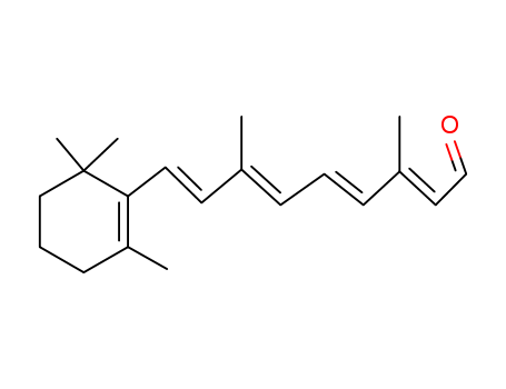116-31-4,ALL-TRANS-RETINAL,Retinal,all-trans- (8CI);Retinene 1 (6CI);(all-E)-3,7-Dimethyl-9-(2,6,6-trimethyl-1-cyclohexen-1-yl)-2,4,6,8-nonatetraenal;2,4,6,8-Nonatetraenal, 3,7-dimethyl-9-(2,6,6-trimethyl-1-cyclohexen-1-yl)-,(all-E)-;Axerophthal;E-Retinal;Retinaldehyde;Retinene;Vitamin A aldehyde;Vitamin A1 aldehyde;all-E-Retinal;all-trans-Retinal;all-trans-Retinaldehyde;all-trans-Vitamin A aldehyde;trans-Retinal;trans-Vitamin A aldehyde;