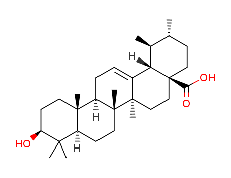 77-52-1,Ursolic acid,Ursolic  Acid;Ursolicacid;Ursoliic acid;3beta-Hydroxyurs-12-en-28-oic acid;Prunol;Urs-12-en-28-oic acid, 3.beta.-hydroxy-;(3beta)-3-Hydroxyurs-12-en-28-oic acid;(1S,2R,4aS,6aS,6bR,10S,12aS,14bR)-10-hydroxy-1,2,6a,6b,9,9,12a-heptamethyl-2,3,4,5,6,6a,7,8,8a,10,11,12,13,14b-tetradecahydro-1H-picene-4a-carboxylic acid;Urson;10-hydroxy-1,2,6a,6b,9,9,12a-heptamethyl-2,3,4,5,6,6a,7,8,8a,10,11,12,13,14b-tetradecahydro-1H-picene-4a-carboxylic acid;Prestwick_355;(1S,2R,4aS,6aS,6aS,6bR,8aS,10S,12aS,14bR)-10-hydroxy-1,2,6a,6b,9,9,12a-heptamethyl-2,3,4,5,6,6a,7,8,8a,10,11,12,13,14b-tetradecahydro-1H-picene-4a-carboxylic acid;Urs-12-en-28-oic acid, 3-hydroxy-, (3beta)-;Bungeolic acid;Urs-12-en-28-oic acid, 3-hydroxy-, (3.beta.)-;Urs-12-en-28-oic acid, 3beta-hydroxy- (8CI);