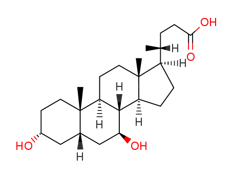 128-13-2,Ursodeoxycholic acid,(4R)-4-[(3R,5S,7S,8R,9S,10R,13R,14S,17R)-3,7-dihydroxy-10,13-dimethyl-2,3,4,5,6,7,8,9,11,12,14,15,16,17-tetradecahydro-1H-cyclopenta[a]phenanthren-17-yl]pentanoate;Cholan-24-oic acid, 3,7-dihydroxy-, (3-.alpha.,5-.beta., 7-.beta.)-;Cholan-24-oic acid,3,7-dihydroxy-,(3R,5a,- 7a)-;UDCA;5.beta.-Chol-24-oic acid-3.alpha., 7.beta.-diol;Arsacol;Ursochol;Antigall;Urso (TN);Ursodiol;Antigall (TN);Actigall;Urso;Litursol;Deursil;Desocol;Ursodeoxycholic acid (JP14);Delursan;Ursodiol (USP);deoxy-;Urso Deoxy Cholic Acid;7beta-Hydroxylithocholic acid;Ursodeoxycholoc acid;