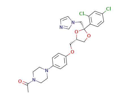 65277-42-1,Ketoconazole,Ketoconazole [USAN:BAN:INN:JAN];Ketoconazol [INN-Spanish];1-acetyl-4-(4-{[(2S,4R)-2-(2,4-dichlorophenyl)-2-(1H-imidazol-1-ylmethyl)-1,3-dioxolan-4-yl]methoxy}phenyl)piperazine;Ketoconazole (JAN/USP);Nizoral (TN);KW-1414;(+-)-cis-1-Acetyl-4-(p-((2-(2,4-dichlorophenyl)-2-(imidazol-1-ylmethyl)-1,3-dioxolan-4-yl)methoxy)phenyl)piperazine;Nizoral;cis-1-acetyl-4-(4-((2-(2,4-dichlorophenyl)-2-(1h-imidazol-1-ylmethyl)-1,3-diox olan- 4-yl)methoxy)phenyl)-piperazine;Prestwick_744;Fungarest;1-[4-[4-[[(2R,4S)-2-(2,4-dichlorophenyl)-2-(imidazol-1-ylmethyl)-1,3-dioxolan-4-yl]methoxy]phenyl]piperazin-1-yl]ethanone;Fungoral;Ketoconazol;Piperazine, 1-acetyl-4-(4-((2-(2,4-dichlorophenyl)-2-(1H-imidazol-1-ylmethyl)-1,3-dioxolan-4-yl)methoxy)phenyl)-, cis-;Ketoderm;cis-1-Acetyl-4-[4-[2-(2,4-dichlorophenyl)-2-(1H-cmidazol-1-ylmethyl)-1,3-dioxolan-4-ylmethoxy]phenyl]pipenazine;