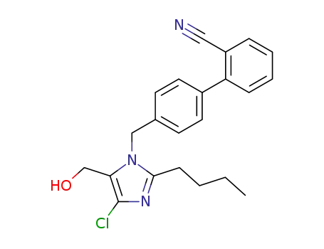 Molecular Structure of 114772-55-3 (4’-[(2-butyl-4-chloro-5-hydroxymethyl)-1H-imidazol-1-yl)methyl]-[1,1’-Biphenyl]-2-carbonitrile)