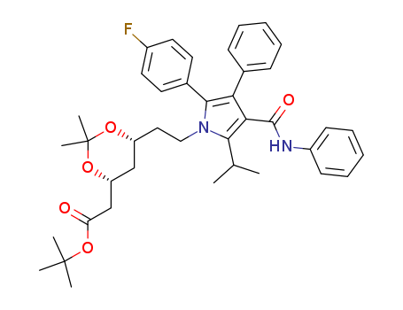 125971-95-1,tert-Butyl (4R,6R)-2-[[[6-(2-4-fluorophenyl)-5-isopropyl-3-phenyl-4-(phenylcarbamoyl)pyrrol-1-yl]ethyl]-2,2-dimethyl-1,3-dioxan-4-yl]acetate,1,3-Dioxane-4-aceticacid,6-[2-[2-(4-fluorophenyl)-5-(1-methylethyl)-3-phenyl-4-[(phenylamino)carbonyl]-1H-pyrrol-1-yl]ethyl]-2,2-dimethyl-,1,1-dimethylethyl ester, (4R-cis)-;(4R-cis)-1,1-dimethylethyl-6-[2-[2-(4-fluorophenyl)-3-phenyl-4-[(phenylamino)carbonyl]-1H-pyrrol-1-yl]ethyl]-2,2-dimethyl-1,3-dioxane-4-acetate(L-1);1,3-Dioxane-4-aceticacid,6-[2-[2-(4-fluorophenyl)-5-(1-methylethyl)-3-phenyl-4-[(phenylamino)carbonyl]-1H-pyrrol-1-yl]ethyl]-2,2-dimethyl-,1,1-dimethylethyl ester, (4R,6R)-;