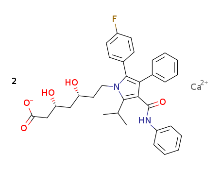 134523-03-8,Atorvastatin calcium,1H-Pyrrole-1-heptanoic acid, 2-(4-fluorophenyl)-beta,delta-dihydroxy-5-(1-methylethyl)-3-phenyl-4-((phenylamino)carbonyl)-, (betaR,deltaR)-rel-;Atorvastatin calcium [USAN];Lipitor (TN);Atorvastatin Calcium (amorphous);calcium (3R,5R)-7-[2-(4-fluorophenyl)-3-phenyl-4-(phenylcarbamoyl)-5-propan-2-yl-pyrrol-1-yl]-3,5-dihydroxy-heptanoate;(3S,5S)-7-[2-(4-fluorophenyl)-3-phenyl-4-(phenylcarbamoyl)-5-propan-2-yl-pyrrol-1-yl]-3,5-dihydroxy-heptanoic acid;CI-981;(1betaR,deltaR)-2-(p-Fluorophenyl)-beta,delta-dihydroxy-5-isopropyl-3-phenyl-4-(phenylcarbamoyl)pyrrole-1-heptanoic acid;Atorvastatin (R*,R*);Calcium (betaR,deltaR)-2-(p-fluorophenyl)-beta,delta-dihydroxy-5-isopropyl-3-phenyl-4-(phenylcarbamoyl)pyrrole-1-heptanoate (1:2);Atrovastatin;(3R,5R)-7-[2-(4-Fluorophenyl)-5-Isopropyl-3-Phenyl-;