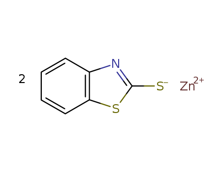 155-04-4,Zinc 2-mercaptobenzothiazole,2(3H)-Benzothiazolethione,zinc salt (8CI,9CI);Benzothiazole, 2-mercapto-, zinc salt (6CI);2-Mercaptobenzothiazole zinc salt;Bis(benzothiazole-2-thiolato)zinc;Hermat Zn-MBT;MZ;Nocceler MZ;OXAF;Pennac ZT;Perkacit ZMBT;Sanceler MZ;Soxinol MZ;
