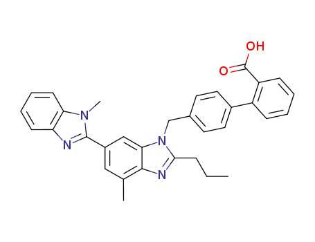 144701-48-4,Telmisartan,(1,1-Biphenyl)-2-carboxylic acid, 4-((1,4-dimethyl-2-propyl(2,6-bi-1H-benzimidazol)-1-yl)methyl)-;Micardis;4-((4-Methyl-6-(1-methyl-2-benzimidazolyl)-2-propyl-1-benzimidazolyl)methyl)-2-biphenylcarboxylic acid;Timetazidine;4'-[(1,4'-dimethyl-2'-propyl[2,6'-bi-1H-benzimidazol]-1'-yl)methyl]- [1,1'-biphenyl]-2-carboxylic acid;
