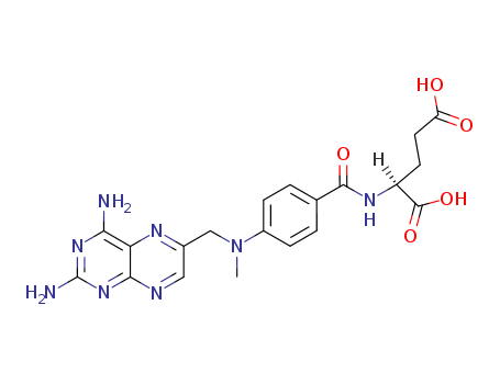 59-05-2,Methotrexate,Glutamicacid, N-[p-[[(2,4-diamino-6-pteridinyl)methyl]methylamino]benzoyl]-, L-(+)-(8CI);(+)-Amethopterin;Amethopterin;Amethopterine;Antifolan;CL 14377;EMT 25299;Emtexate;Emthexate PF;L-Amethopterin;L-Methotrexate;Ledertrexate;Metatrexan;Mexate;N-[p-[[2,4-Diamino-6-pteridinyl)methyl]methylamino]benzoyl]-L-(+)-glutamicacid;NSC 740;R 9985;Rheumatrex;Trexall;