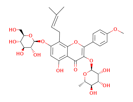 489-32-7,Icariin,4H-1-Benzopyran-4-one,3-[(6-deoxy-a-L-mannopyranosyl)oxy]-7-(b-D-glucopyranosyloxy)-5-hydroxy-2-(4-methoxyphenyl)-8-(3-methyl-2-butenyl)-(9CI);Icariin (8CI);Icariine;Icariln;Ieariline;Epimedium Extract powder;