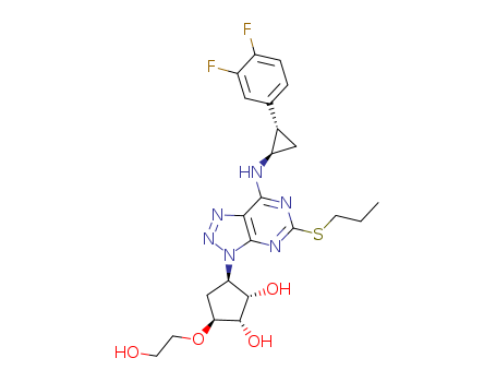 274693-27-5,Ticagrelor,AR-C126532XX;AZD 6140;1,2-Cyclopentanediol,3-[7-[[(1R,2S)-2-(3,4-difluorophenyl)cyclopropyl]amino]-5-(propylthio)-3H-1,2,3-triazolo[4,5-d]pyrimidin-3-yl]-5-(2-hydroxyethoxy)-,(1S,2S,3R,5S)-;